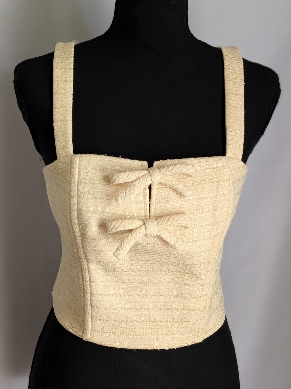 NWT ASTR the Label Kiona Diamante Tweed Bow Crop Top Yellow Size Small